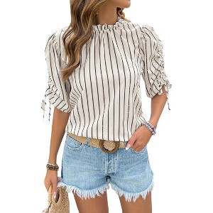 Womens Casual Short Sleeve Drawstring Cuff Stripe Shirt Tops - 1 of 4