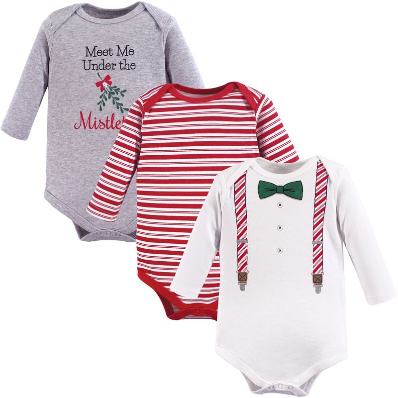 Little Treasure Baby Girl Cotton Long-Sleeve Bodysuits 3pk, Christmas Suspenders, 1 of 2
