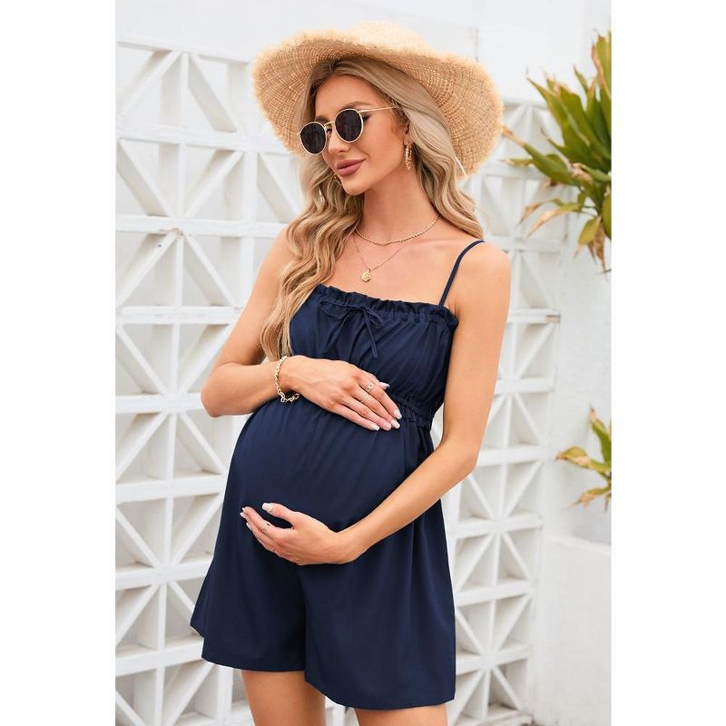 Maternity Sleeveless Rompers Summer Spaghetti Strap Casual Jumpsuit Ruffle Short Romper Overalls With Pockets, 2 of 8