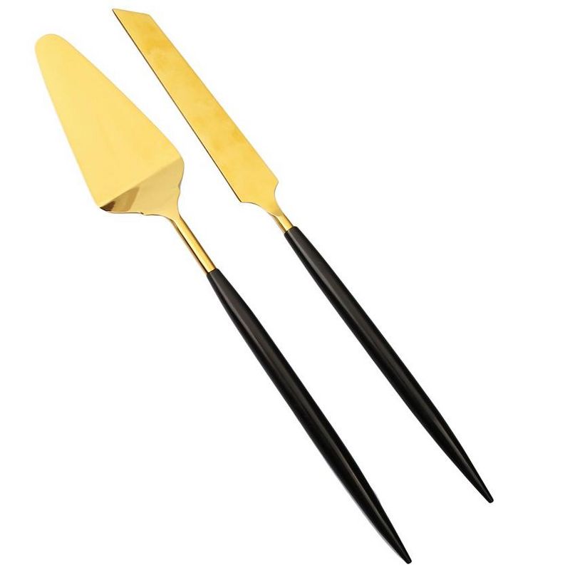 Classic Touch Set of 2 Shiny Gold Cake Servers with Neat Black Handles, 2 of 5