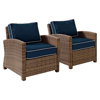 Crosley Bradenton 2 Piece Outdoor Wicker Seating Set with Navy Cushions