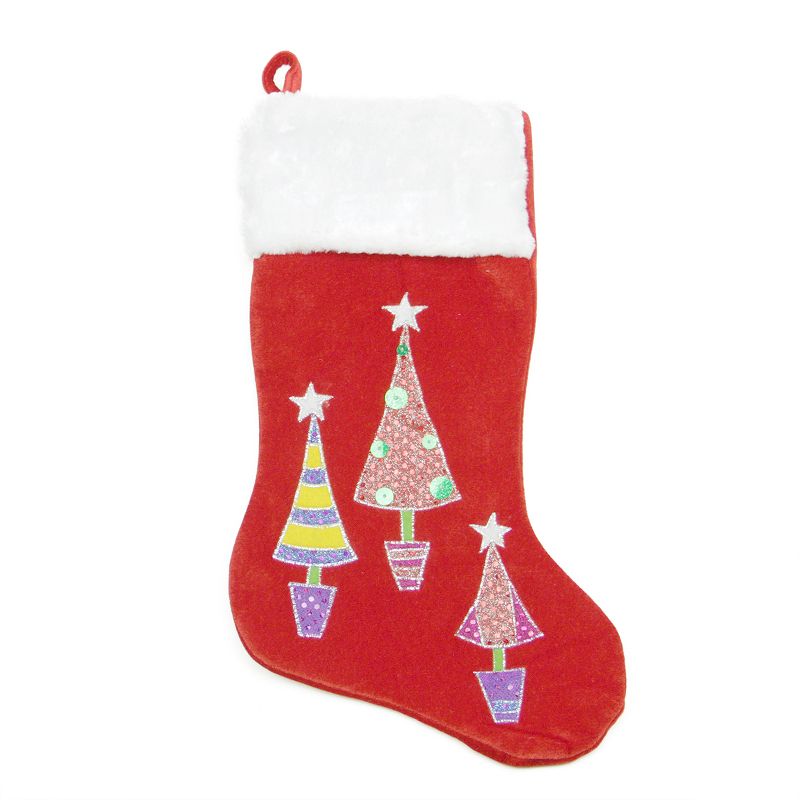 Northlight 20" Red and White Embroidered Velveteen Cuff Christmas Tree Stocking, 1 of 3