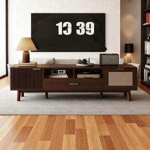 Wood Fashionable TV Stand for 75" TVs, Solid Wood TV Console with Rattan Door, Soft-Close Cabinet & Drop-Down Drawer, Modern Entertainment Center - 1 of 4