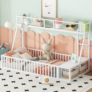 Twin Size Floor Bed Frame with Safety Fence, Desk and Storage Shelves - 1 of 4
