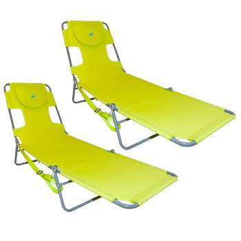 Ostrich Chaise Lounge Outdoor Portable Folding 3 Position Chair for Beach, Patio, Camp, and Pool with Carrying Strap, Neon Green (2 Pack)