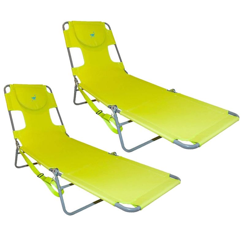 Ostrich Chaise Lounge Outdoor Portable Folding 3 Position Chair for Beach, Patio, Camp, and Pool with Carrying Strap, Neon Green (2 Pack), 1 of 7