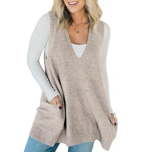 Imily Bela Womens Sleeveless Sweater Vest V Neck Casual Loose Knit A Line Flattering Tunic Top with Pockets - 1 of 4