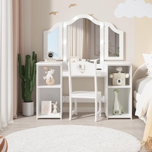 Kids Vanity with Lights, Makeup Desk Chair Set with Storage Shelves Cabinet, Toddler Dressing Table with Mirror, Pretend Play Vanity Set for Girls - 1 of 4