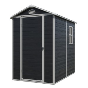 Vynxaria 4x6FT Outdoor Plastic Storage Shed with Floor, Pad-Lockable Single Door & Side Window, Black for Small Yards - 1 of 4