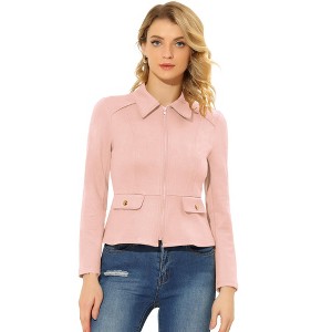 Allegra K Women's Faux Suede Short Zip Up Motorcycle Biker Coat - 1 of 4
