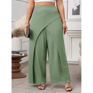 Women's Plus Size Faux Wrap Palazzo Pants Mid Rise Plus Size Wide Leg Pants Asymmetric Pants - 1 of 4