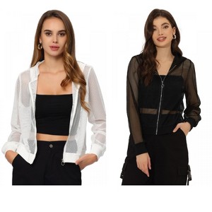 INSPIRE CHIC Women's Zip Up Long Sleeve Mesh Sheer Hoodie Bomber Jackets 2 Packs - 1 of 4