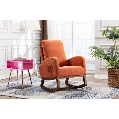 Modern High Back Armchair Rocking Chair, Upholstered Glider Chair With Side Pocket, Wooden Nursery Rocking Chairs