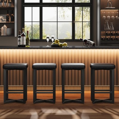 Bar Stools Set of 4, 24.6" Upholstered Counter Height Bar Stools with Metal Frame & Footrest, Modern Backless Kitchen Barstools with PU Leather