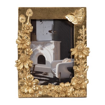 Sagebrook Home Boho Gold Picture Frame - Floral Butterfly Design - Resin & Glass - Vintage Photo Frame for Home, Office, Bedroom - 8" Metallic Gold