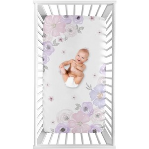 Sweet Jojo Designs Girl Photo Op Fitted Crib Sheet Watercolor Floral Lavender Purple Grey and White - 1 of 4