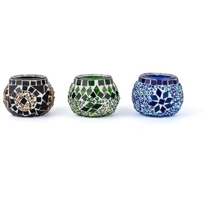 Kafthan 2.4 in. Handmade Ecru and Blue and Green Mosaic Glass Tealight Candle Holder (Set of 3)