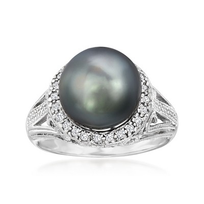Ross-Simons 11-12mm Black Cultured Tahitian Pearl Ring With .20 ct. t.w. White Topaz in Sterling Silver