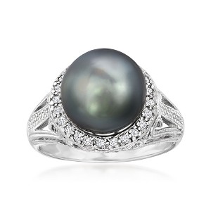Ross-Simons 11-12mm Black Cultured Tahitian Pearl Ring With .20 ct. t.w. White Topaz in Sterling Silver - 1 of 4