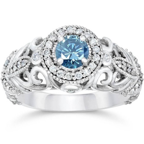 Pompeii3 3/4ct Blue & White Diamond Vintage Halo Engagement Ring 14k ...