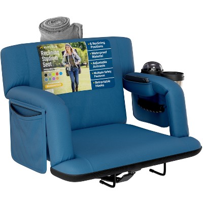 Reclining Stadium Seat for Bleachers with Back Support, Armrests, 
Cup Holder, Large Pockets, and Waterproof - 25" Wide - Navy Blue