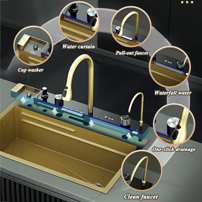 Gold Stainless Steel Single Basin Waterfall Kitchen Sink with Digital Display