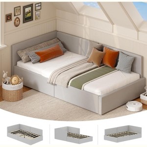 Twin Daybed with Bed Rails, Velvet Upholstered Corner Bed Frame, Modern Kids Bed with Guardrail for Living Room, Bedroom - 1 of 4
