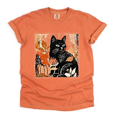 Simply Sage Market Black Cat Fall Leaves Distressed Garment Dyed Tee