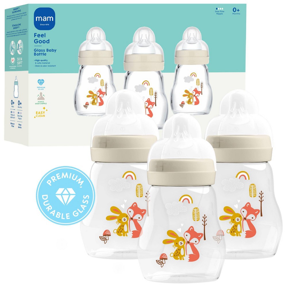 Photos - Baby Bottle / Sippy Cup MAM Feel Good Glass Baby Bottles - Cream - 9 fl oz/3pk: Medium Flow, BPA-Free, Silicone Nipple 