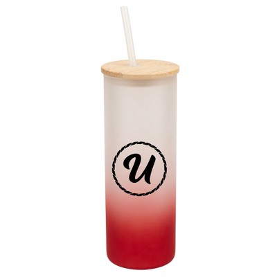 Elanze Designs U Monogram Letter Initial Rope Circle Wrap-Around Design 25 Ounce Frosted Gradient Glass On-The-Go Coffee Travel Skinny Tumbler Mug
