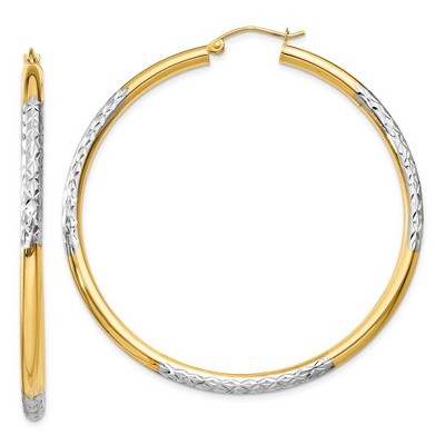 Black Bow Jewelry 14k Gold and Rhodium Diamond Cut Round Hoop Earrings 55mm (2 1/8 Inch)