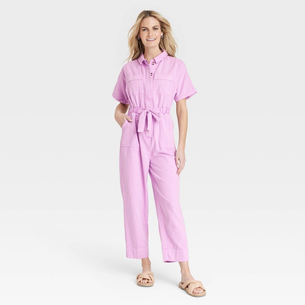 Women's Short Sleeve Button-Front Boilersuit - Universal Thread™ Pink 10
