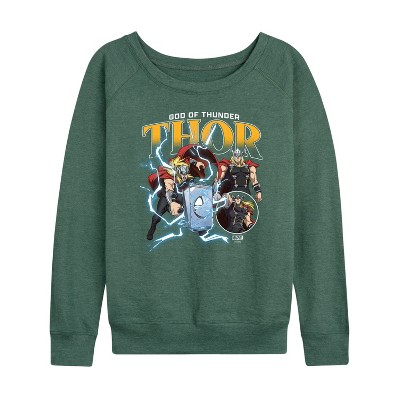 Women's - Marvel - Thor God of Thunder Lightweight French Terry Wide Neck Long Sleeve Shirt