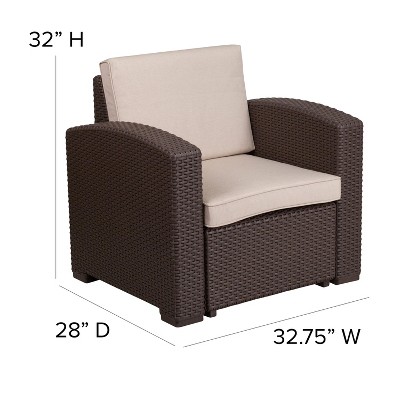 Chocolate Brown Faux Rattan Chair with Beige Cushions