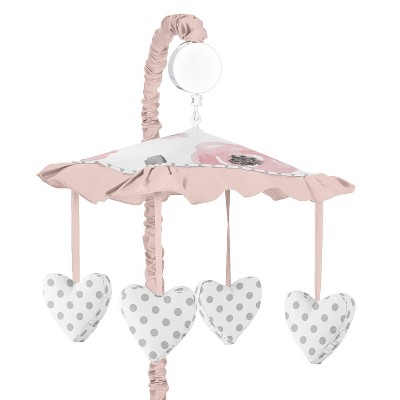 Image of Sweet Jojo Designs Girl Musical Crib Mobile Watercolor Floral Pink Grey and White