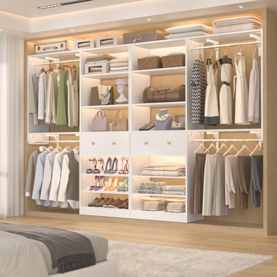 Aheaplus Set of 2 Closet Storage Organizer with Hanging Rods and Drawers, Walk-in Closet System with Adjustable Shelves and Shoe Rack