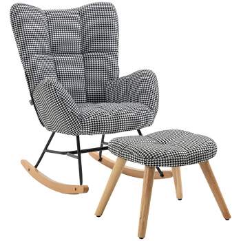 HOMCOM Glider Rocker with Ottoman Set, Houndstooth Nursery Rocking Chair, Upholstered Wingback Armchair for Living Room and Bedroom