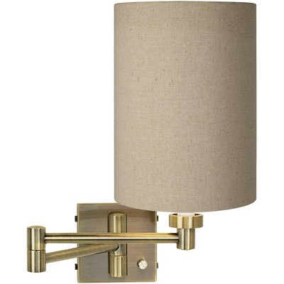 Barnes and Ivy Modern Swing Arm Wall Lamp Antique Brass Plug-In Light Fixture Tan Cotton Blend Cylinder Shade for Bedroom Reading