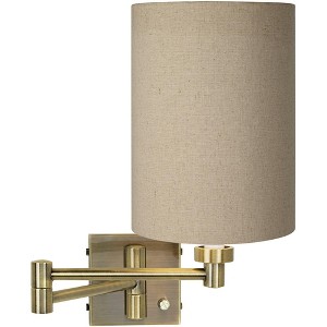 Barnes and Ivy Modern Swing Arm Wall Lamp Antique Brass Plug-In Light Fixture Tan Cotton Blend Cylinder Shade for Bedroom Reading - 1 of 4