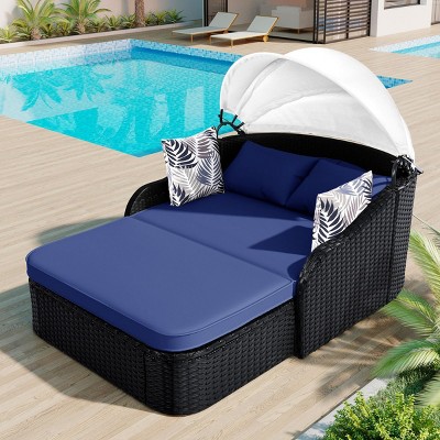 Double Patio Outdoor Chaise Lounge,Black Wicker Patio Outdoor Sunbed With Adjustable Canopy,PE Rattan Lounge Daybed With Cushion -Maison Boucle