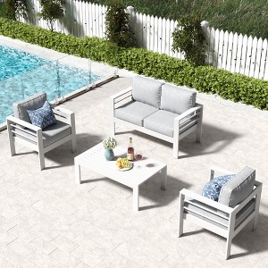 LayinSun Outdoor Aluminum Furniture Set, 4 Pieces Patio Sectional Conversation Chat Sofa Modern Seating Set with Coffee Table - 1 of 4