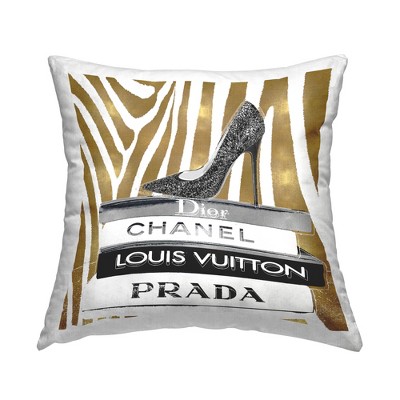 Stupell Industries Fashion High Heel Bookstack Glam Gold Zebra Print Printed Pillow, 18 x 18