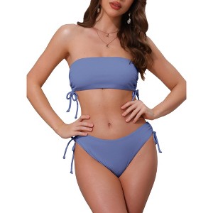 INSPIRE CHIC Women's Bandeau Drawstring Side Tie Ribbed Bikini Sets, Strapless Top Triangle Bottom Swimwear Bathing Suits 1 Set - 1 of 4