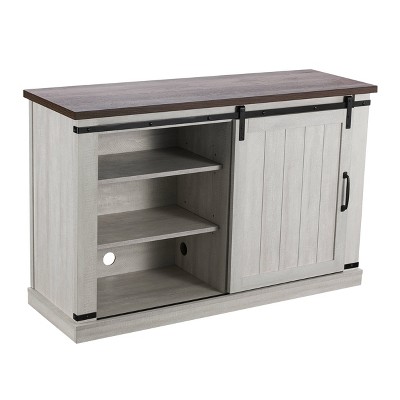 Saw Cut Off White Rustic Sliding Barn-Door TV Stand