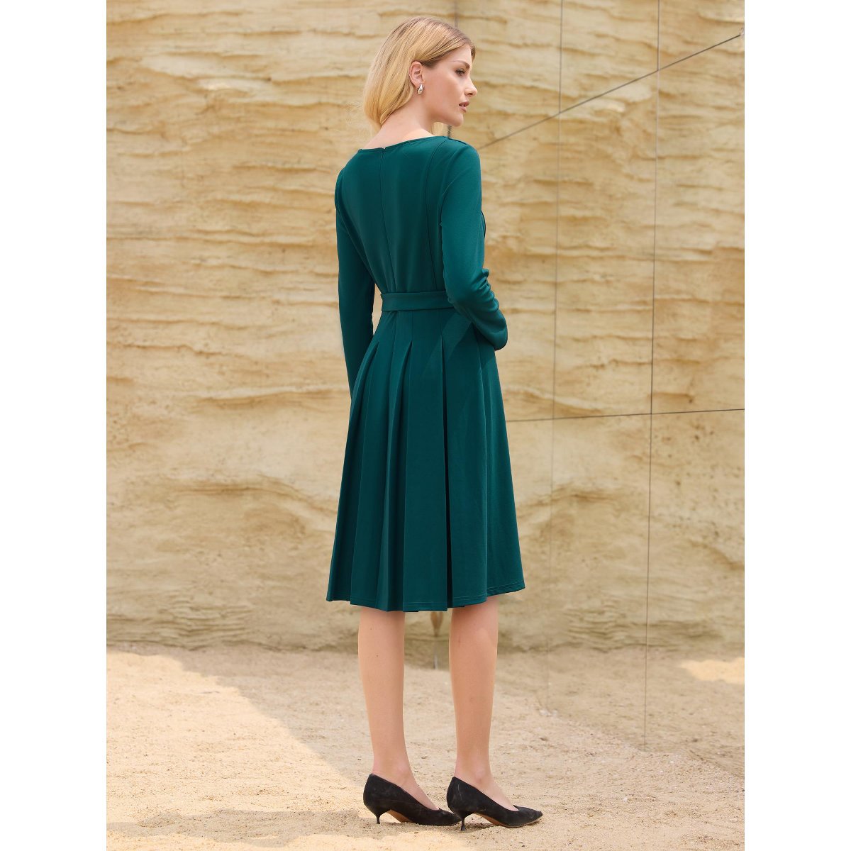 Женские платья INSPIRE CHIC Women's Long Sleeve Pleated Crew Neck Belted Office Work A-Line Dress Blue Green X-Large — фото 5