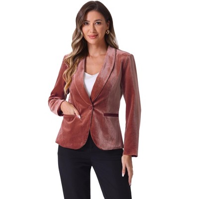 INSPIRE CHIC Women's Office Solid Shawl Collar Jetted Pockets One Button Velvet Blazer