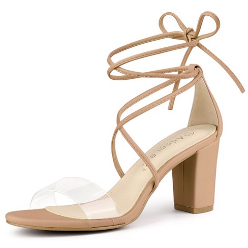 Allegra K Women's Strappy Straps Lace Up Chunky Heel Beige Sandals