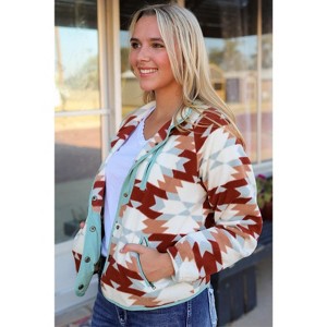 Western Aztec Buttoned Zipper Pockets Fleece Jacket - 1 of 4
