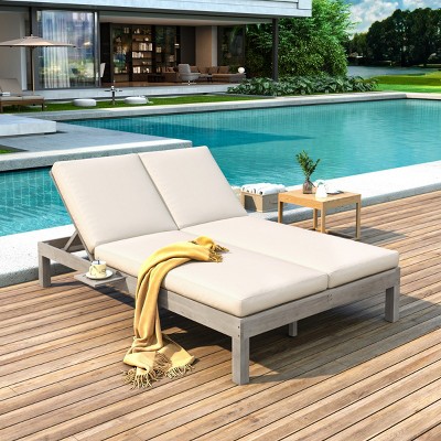 5-Position Adjustable Backrest Double Chaise Lounge Outdoor, Outdoor Chaise Lounge With Cushion, Patio Double Chaise Lounge-Cuddlewood