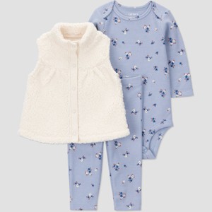 Carter's Just One You® Baby Girls' 3pc Floral Long Sleeve Bodysuit with Leggings and Vest Set - Blue - 1 of 4